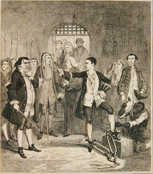 Jack Sheppard vasalói leütve a Newgate-i Kőteremben, illusztráció a "Jack Sheppard: A Romance", William Harrison Ainsworth, megjelent 1839-ben (metszet). alkotó: George Cruikshank