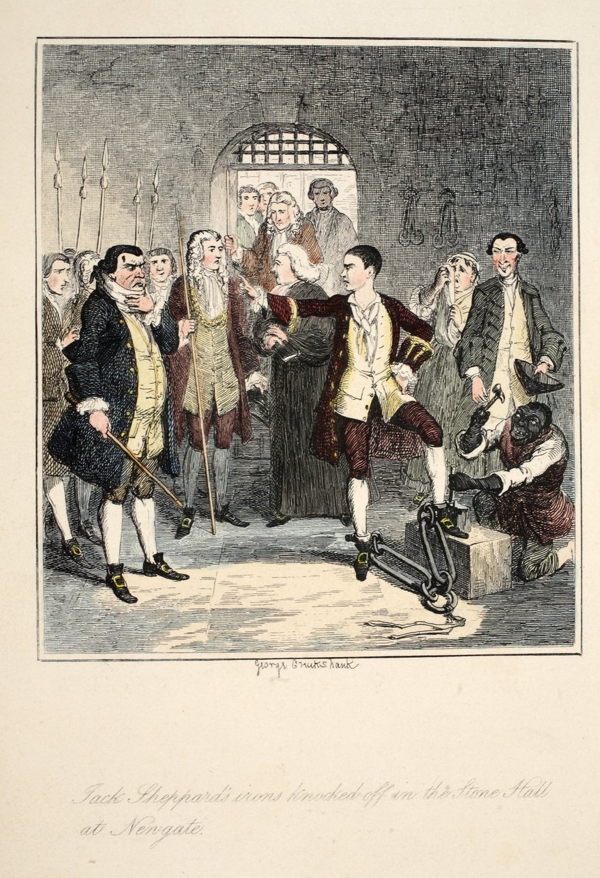 Jack Sheppard vasalói leverték a Newgate-i kőteremben, Jack Sheppard illusztrációja: A Romance by William Harrison Ainsworth, megjelent 1839-ben (kézi színes metszet). alkotó: George Cruikshank