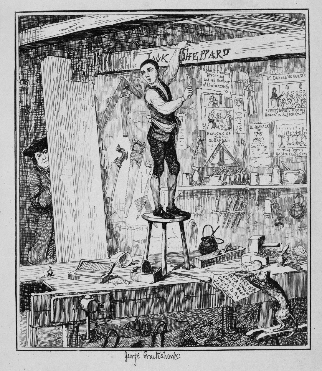 Jack egy gerendára faragja a nevét egykori munkaadója üzletében, illusztrációja William Harrison Ainsworth 1839-ben megjelent „Jack Sheppard: A románc” című könyvéből. alkotó: George Cruikshank