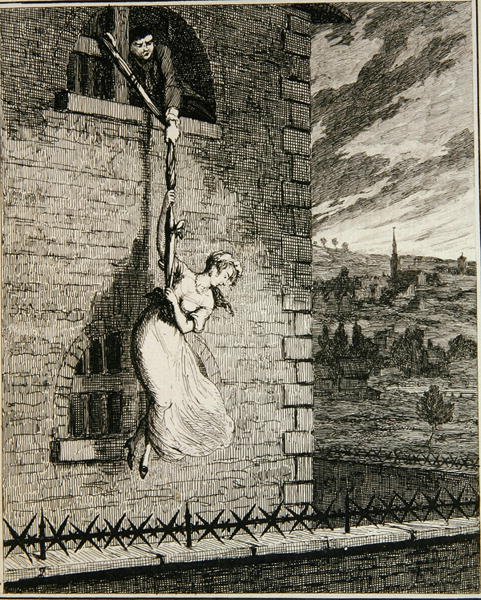Jack feleségével, Elizabeth Lyonnal megszökik Newgate Wardból, William Harrison Ainsworth „Jack Sheppard: A románc” című illusztrációja, 1839-ben megjelent (rézkarc) alkotó: George Cruikshank