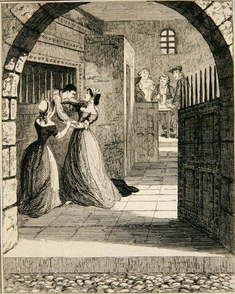 Jack megszökik a Newgate börtön elítélt cellájából, illusztráció a "Jack Sheppard: A Romance", William Harrison Ainsworth, megjelent 1839-ben (metszet). alkotó: George Cruikshank