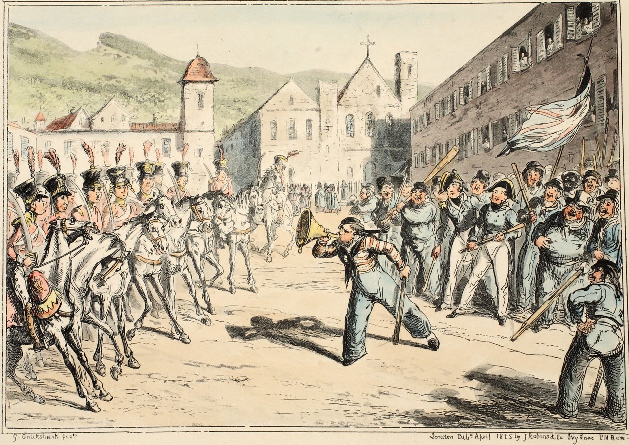 Jacks Trump of Defiance, a Greenwich Kórházból, Haditengerészeti vázlatok sorozata, Egy háborús ember életének leírása, pub. 1826 (kézzel színezett metszet) alkotó: George Cruikshank