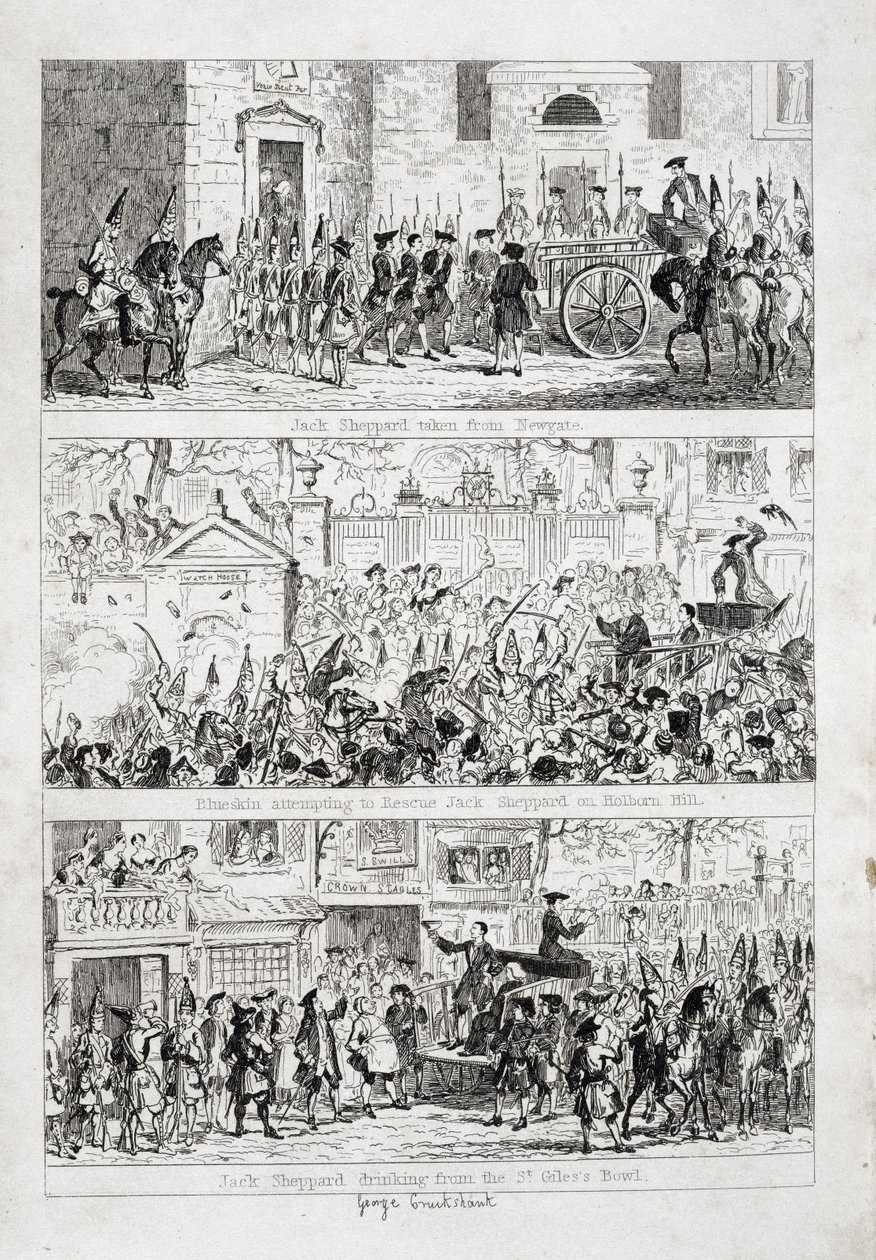 Jack útja Newgate-től Tyburnig, illusztráció William Harrison Ainsworth „Jack Sheppard: A romance” című művéből, 1839. alkotó: George Cruikshank