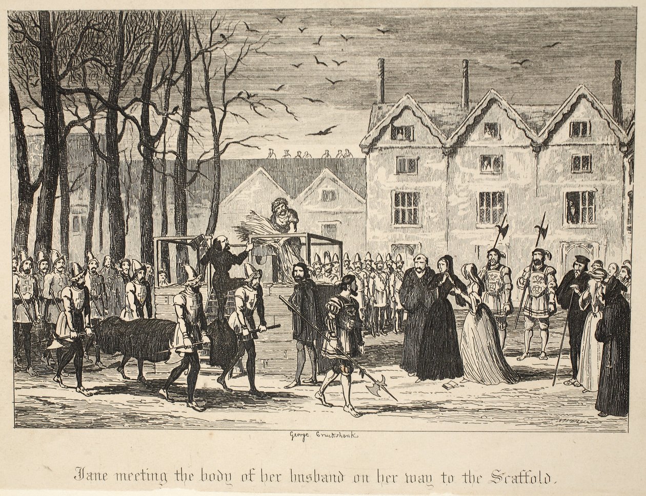Jane férje holttestével találkozik az állványhoz vezető úton, a Tower of London pubjából. 1840 alkotó: George Cruikshank