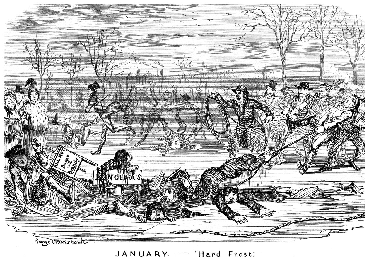 Január - Kemény fagy, 19. század. alkotó: George Cruikshank