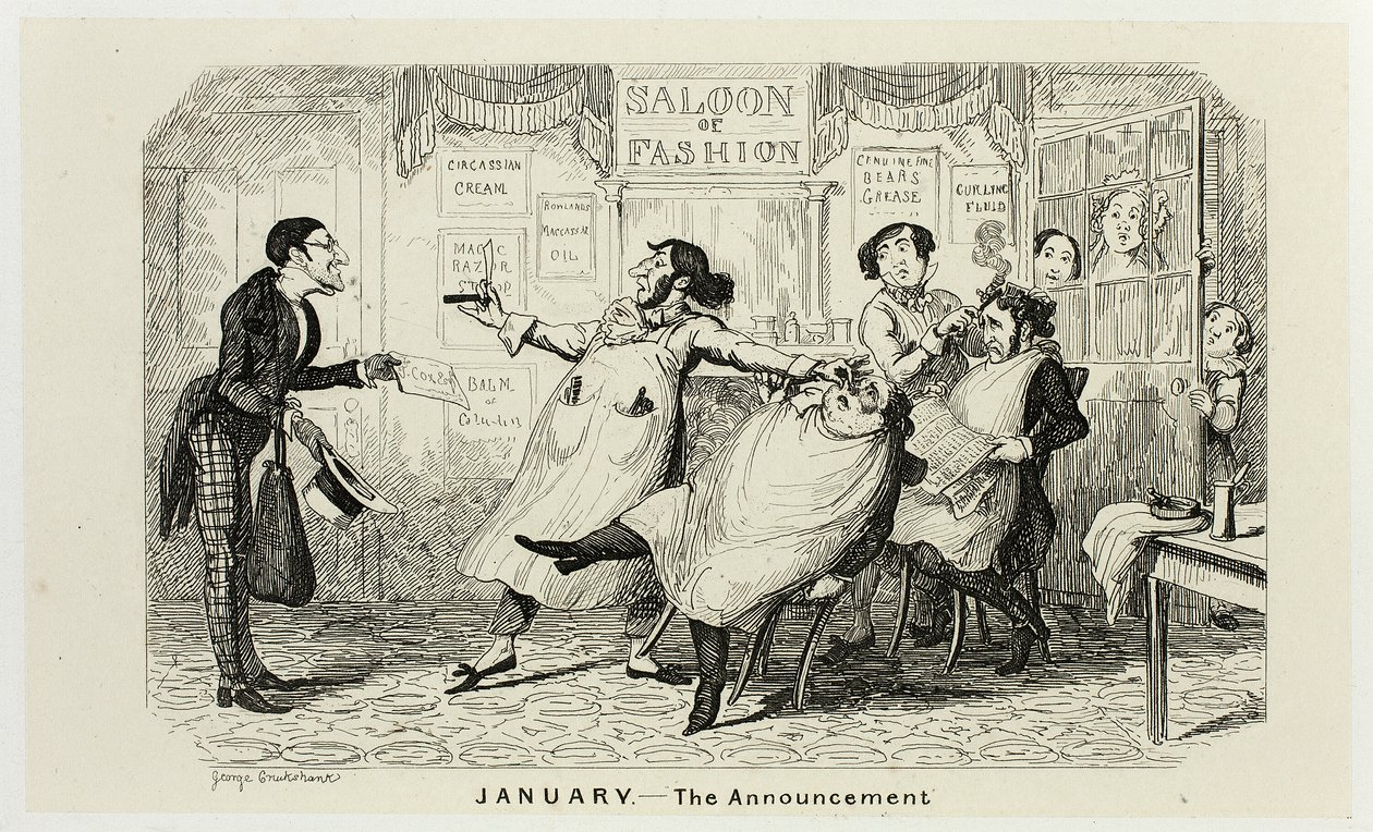 Január - George Cruikshank acélmetszeteinek bejelentése a The Comic Almanacks című laphoz: 1835-1853 alkotó: George Cruikshank