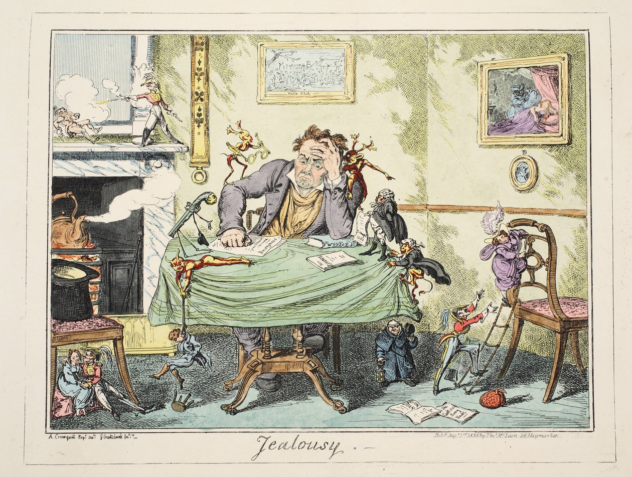 Féltékenység, kocsma. 1835 (kézzel színezett metszet) alkotó: George Cruikshank