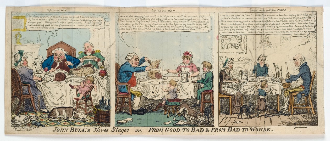 John Bull három szakasza, avagy: Jóból rosszba és rosszból rosszba, 1815 (kézzel színezett metszet) alkotó: George Cruikshank