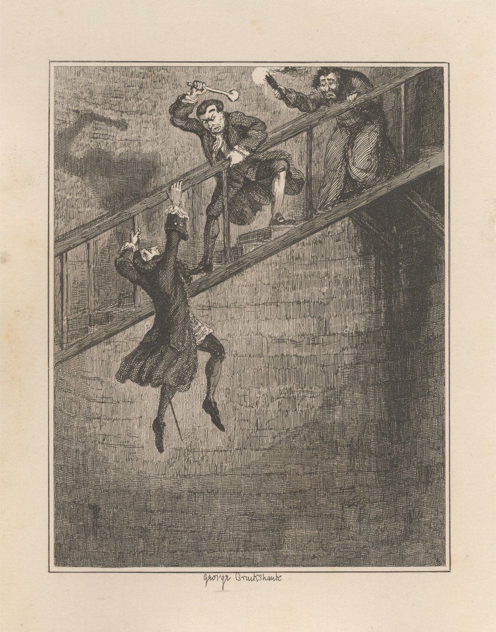 Jonathan Wild, ahogy Sir Rowland Trenchardot a kútba dobja alkotó: George Cruikshank