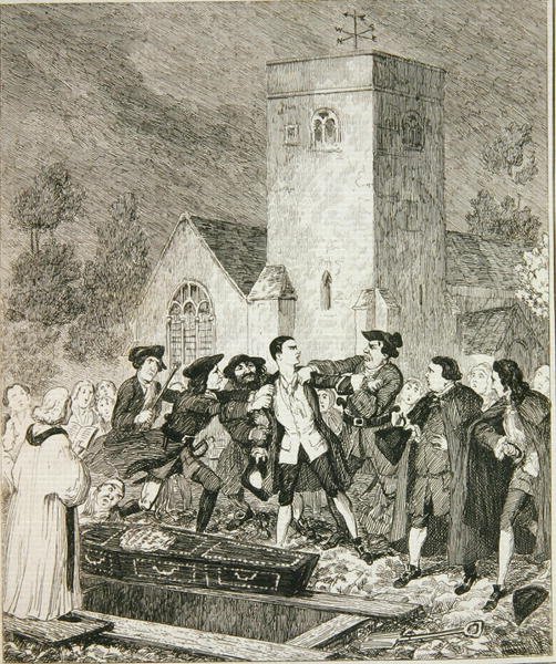 Jonathan Wild megragadja Jacket anyja temetésén Willesden Churchyardban, illusztráció William Harrison Ainsworth „Jack Sheppard: A románc” című könyvéből, 1839-ben (rézkarc) alkotó: George Cruikshank