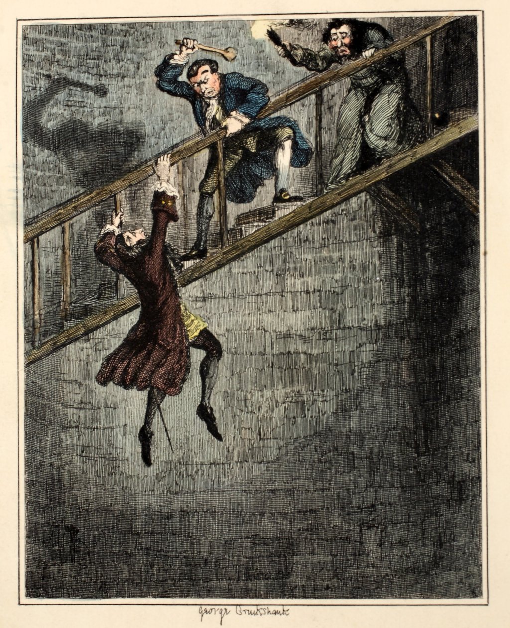 Jonathan Wild ledobja Sir Rowland Trenchardot a kútba. Illusztráció William Harrison Ainsworth „Jack Sheppard: A románc” című kocsmából. 1839 (kézzel színezett metszet) alkotó: George Cruikshank