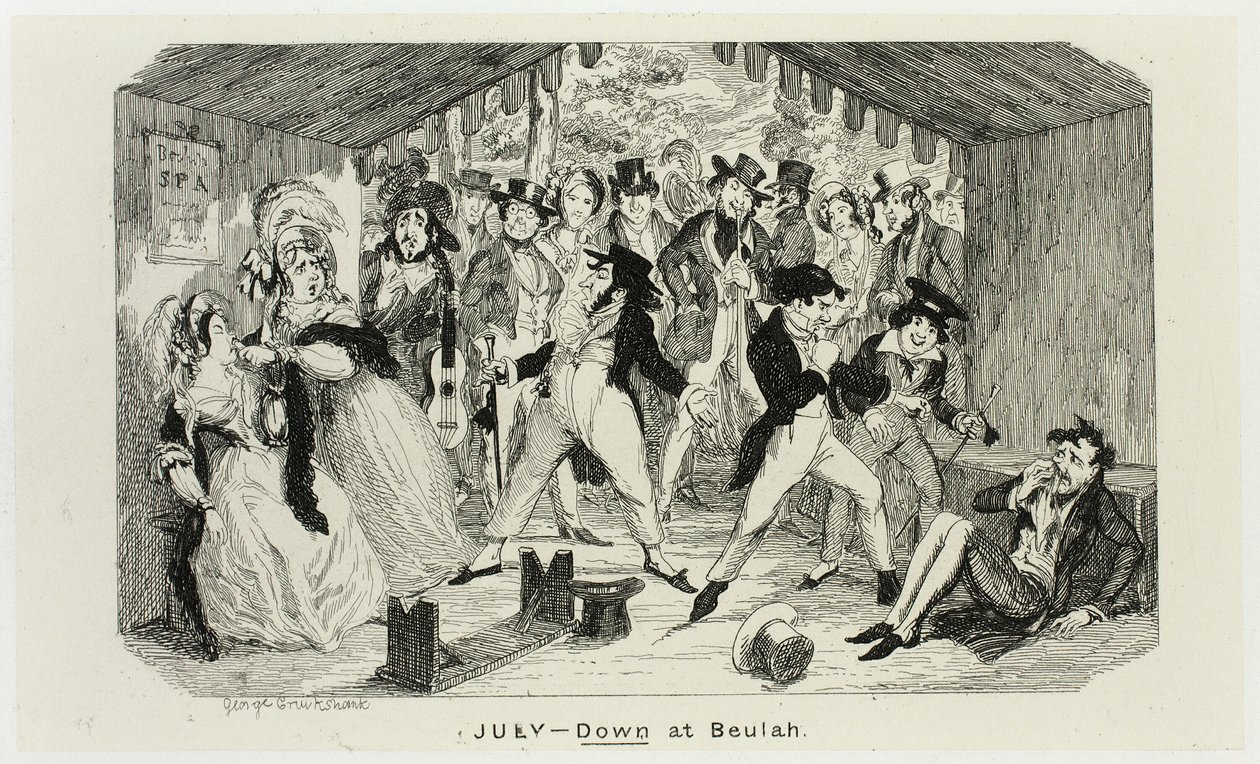 Július - Down at Beulah George Cruikshank acélmetszeteiből a The Comic Almanacks című kötetbe: 1835-1853 alkotó: George Cruikshank