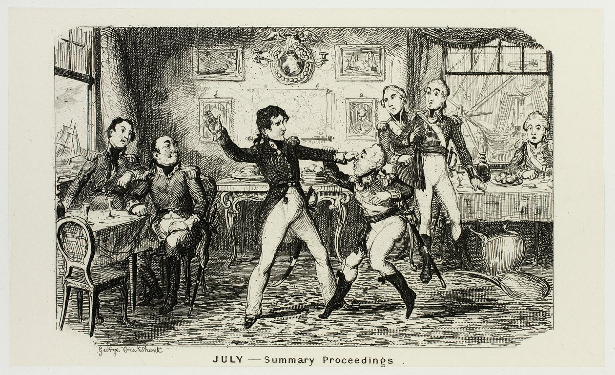 Július - George Cruikshank acélmetszeteinek összefoglaló eljárása a The Comic Almanacks című kötethez: 1835-1853 alkotó: George Cruikshank