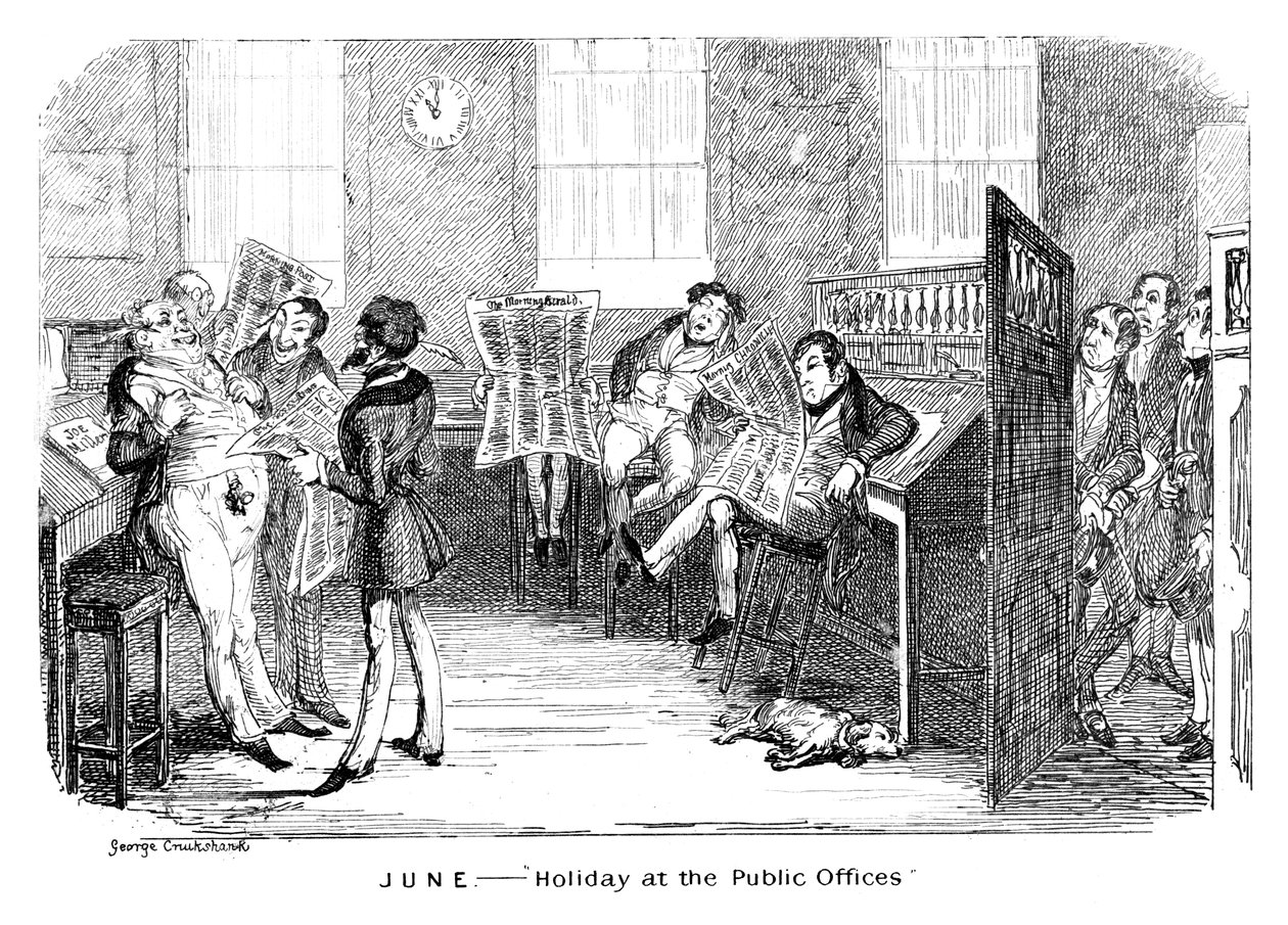 Június - Nyaralás a közhivatalokban, c1836. alkotó: George Cruikshank
