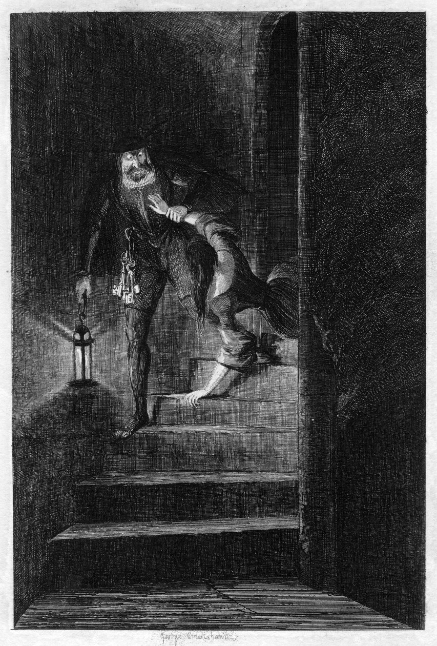 Lawrence Nightgall lerángatja Cicelyt a Sótorony titkos lépcsőjén, 1840 alkotó: George Cruikshank