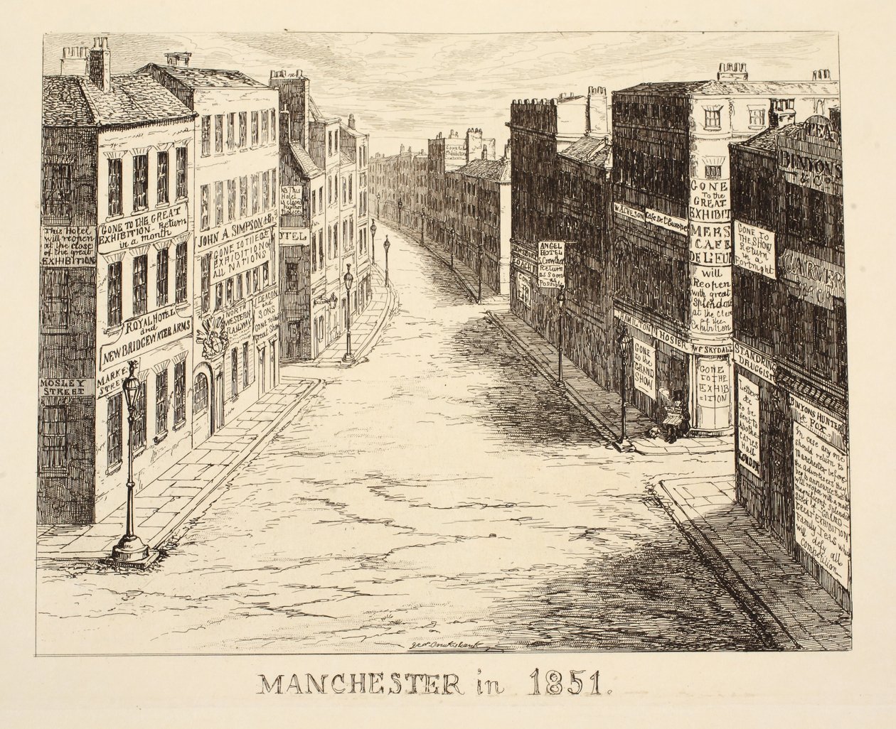 Manchester 1851-ben, 1851-ből vagy The Adventures of Mr & Mrs Sandboys és családja, akik feljöttek Londonba, hogy jól érezzék magukat, és megnézzék a Nagy Kiállítást, kocsmát. 1851 alkotó: George Cruikshank