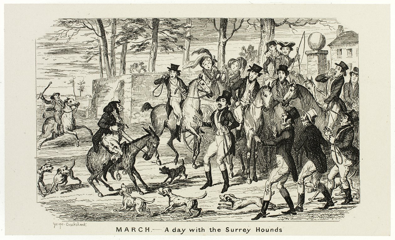 Március - Egy nap a surrey-i kutyákkal George Cruikshank acélmetszeteiből a The Comic Almanacks-hez: 1835-1853 alkotó: George Cruikshank