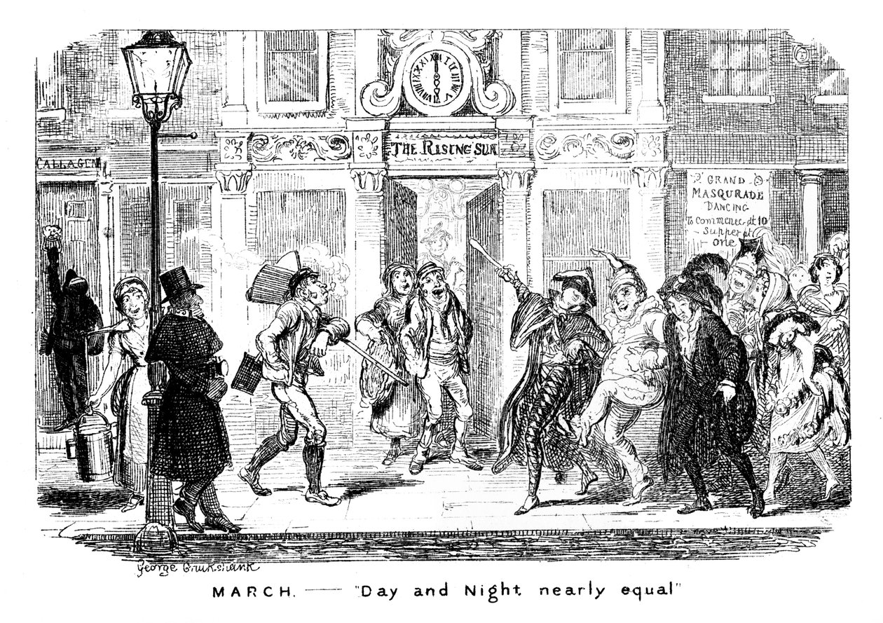 Március - Éjjel és nappal közel egyenlő, 19. század. alkotó: George Cruikshank
