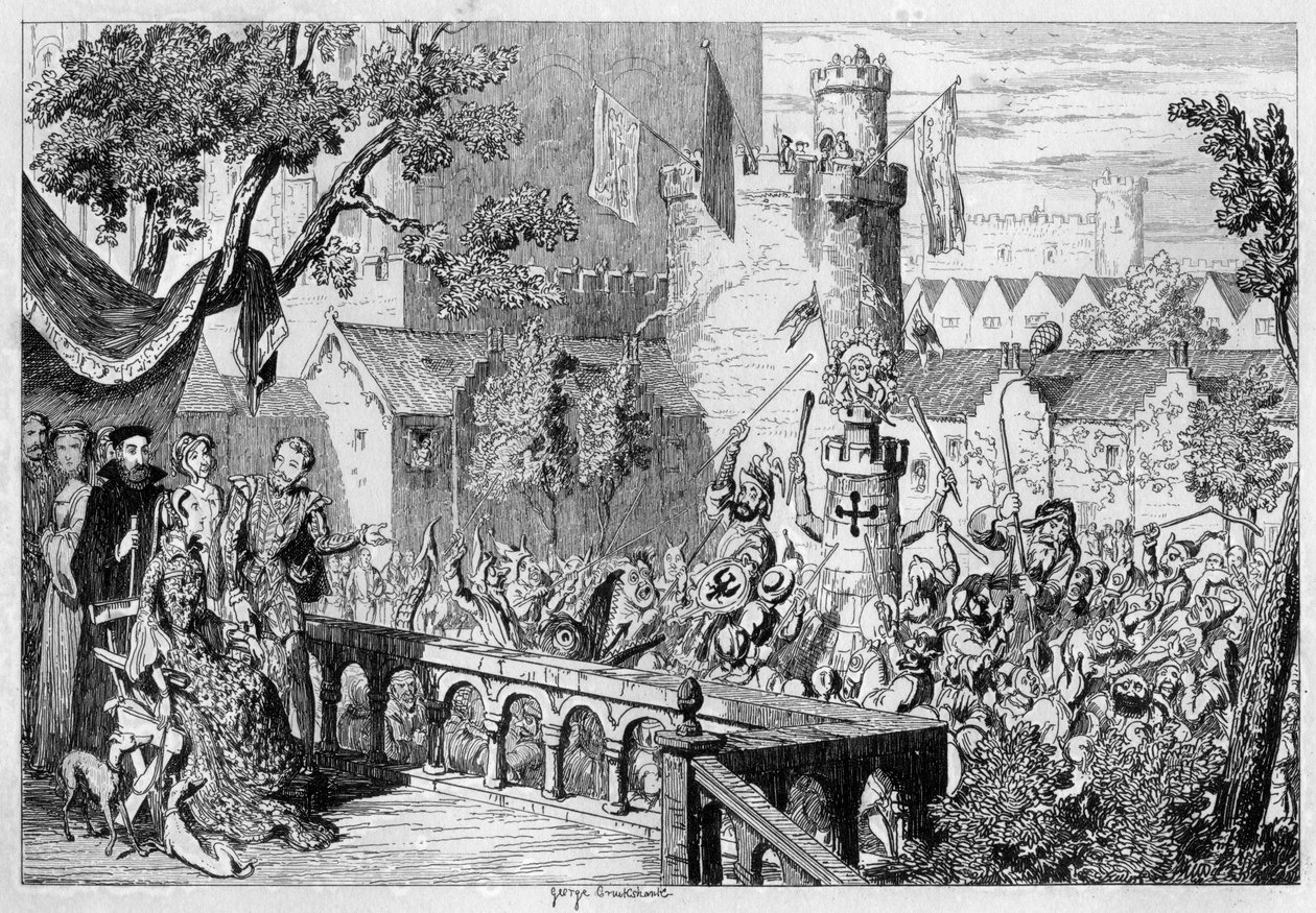 Maszk a Tower of London palotakertjében, 1840. alkotó: George Cruikshank