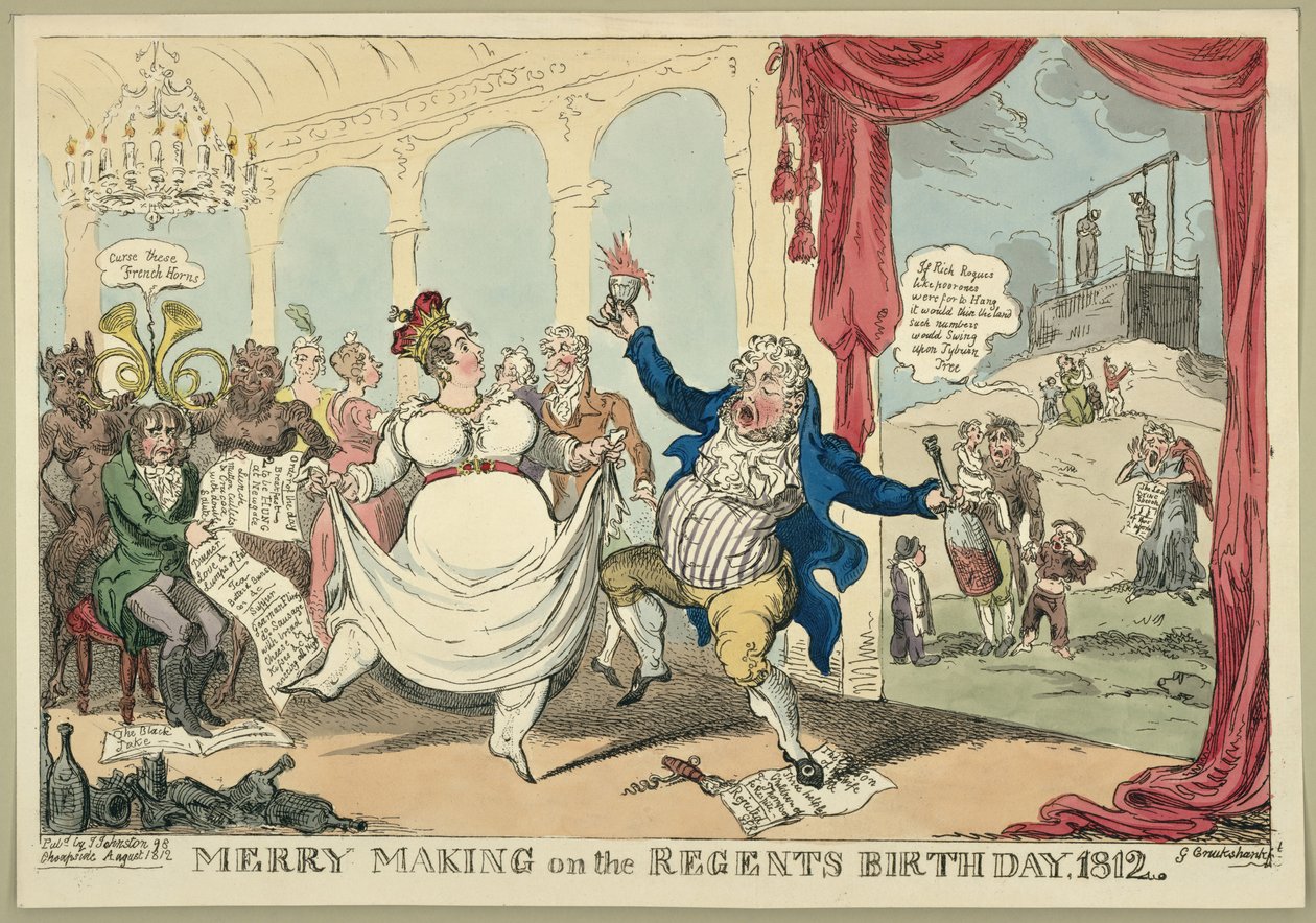 Boldogság a régens születésnapján, 1812, 1812 alkotó: George Cruikshank