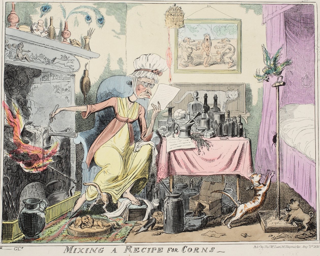 Keverés Egy Recept a kukoricához, pub. 1835 (kézzel színezett metszet) alkotó: George Cruikshank