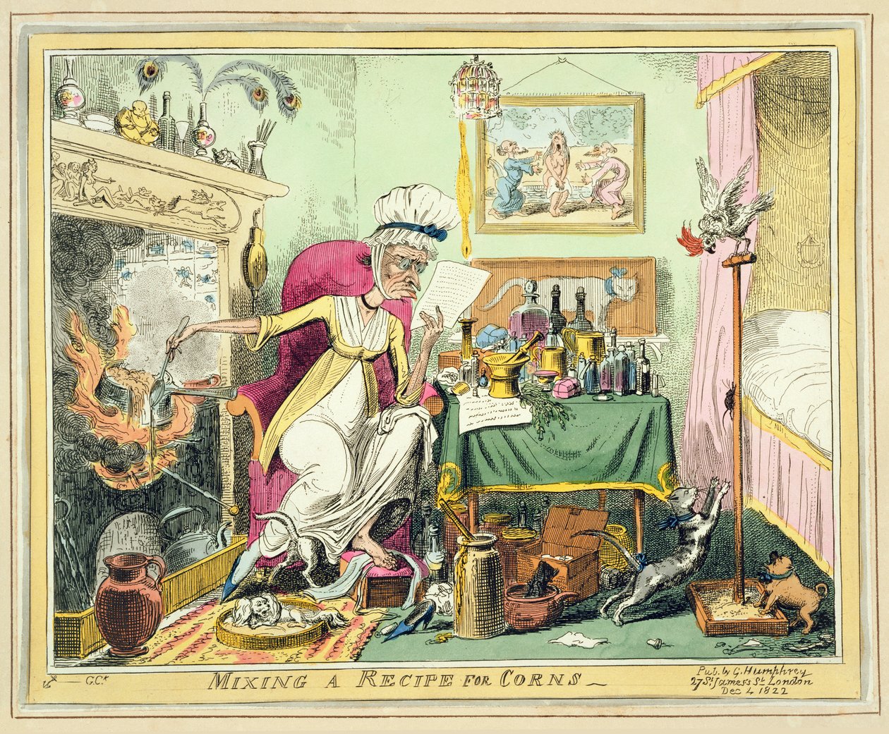 Mixing a Recipe for Corns, kiadó: G. Humphrey, London, 1822. december 4. (színes rézkarc) alkotó: George Cruikshank