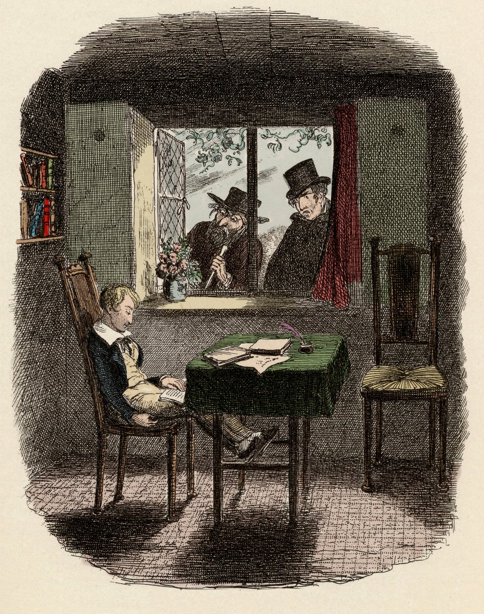 Szerzetesek és Fagin a Maylie-könyvtárban alvó Olivert megfigyelve – Szerzetesek és a zsidó – Illusztráció a „” Oliver Twist”-hez” (Oliver) (Twist Oliver kalandjai), Charles Dickens (1812-1870), George Cruikshank (1792-1878) ) . alkotó: George Cruikshank