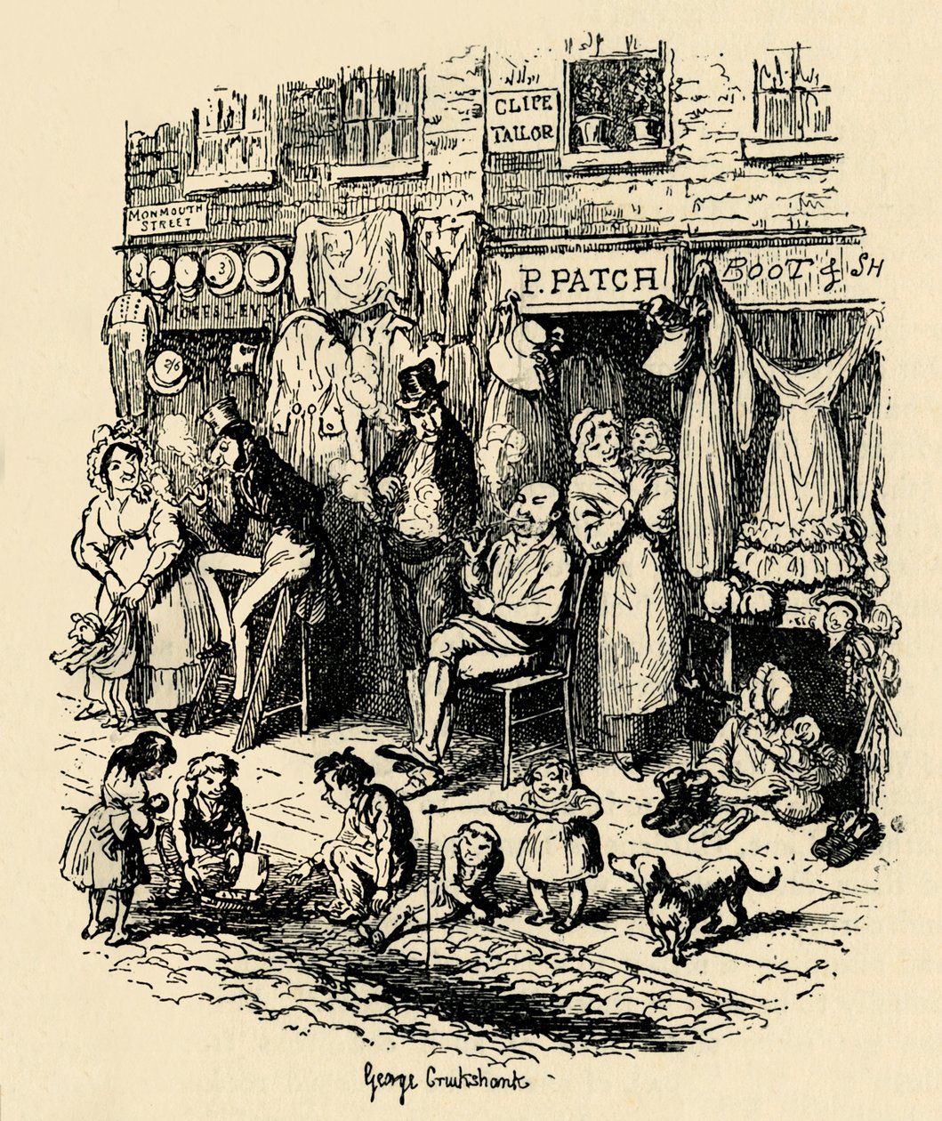 Monmouth Street, Soho, G. Cruikshank illusztrációja a Boz által készített Dickens-vázlatokhoz. , 1938 alkotó: George Cruikshank