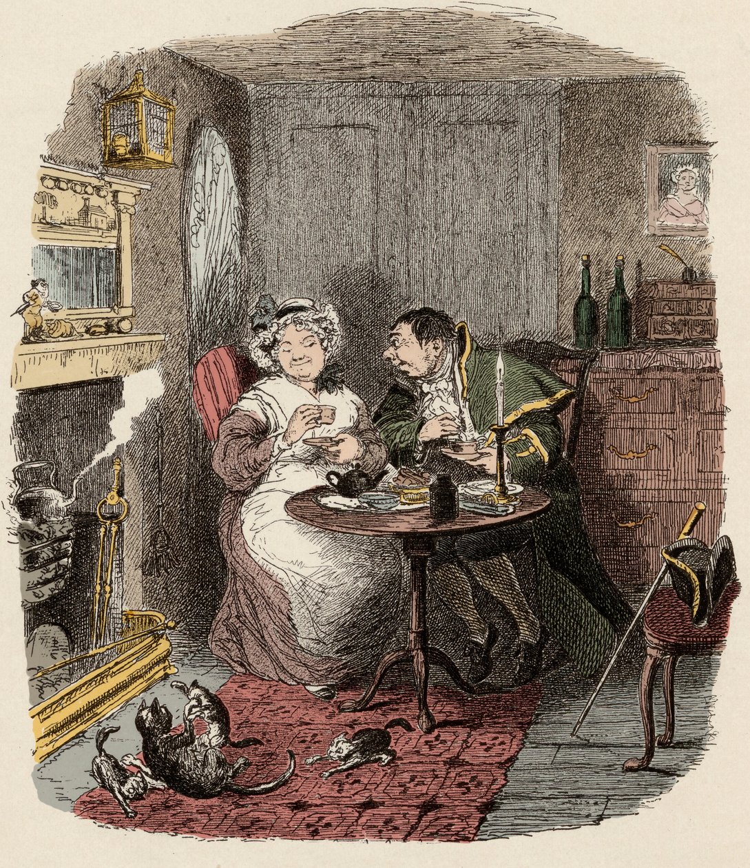 Monsieur Bumble és Madame Corney a - Mrs Bumble és Mrs Corney teázik - Illusztráció "" Oliver Twisthez"" (Olivier) (Twist Oliver kalandjai), Charles Dickens (1812-1870), George Cruikshank (1792-1878) ) . alkotó: George Cruikshank
