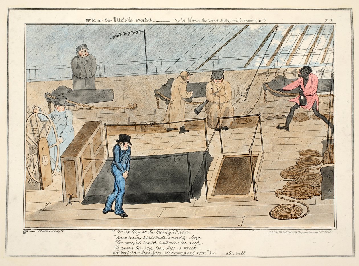 Mr. B a középső karórán – hideg fúj a szél és jön az eső, The Progress of a Midshipman, pub.1835 (kézzel színezett metszet) alkotó: George Cruikshank