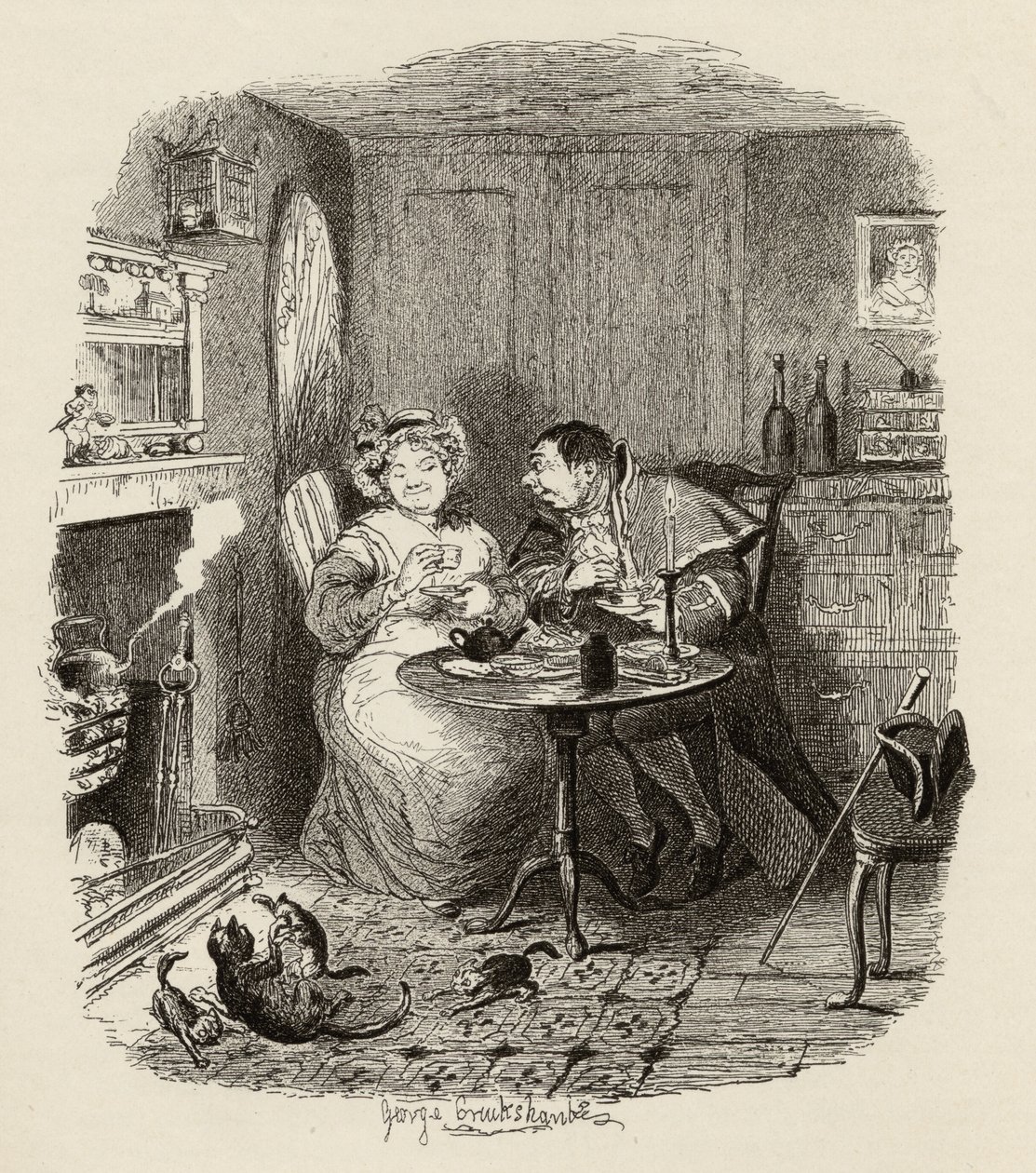 Mrs Bumble és Mrs. Corney teázik, Charles Dickens (1812-70) „The Adventures of Twist” című könyvéből, 1838, Chapman und Hall, 1901 alkotó: George Cruikshank