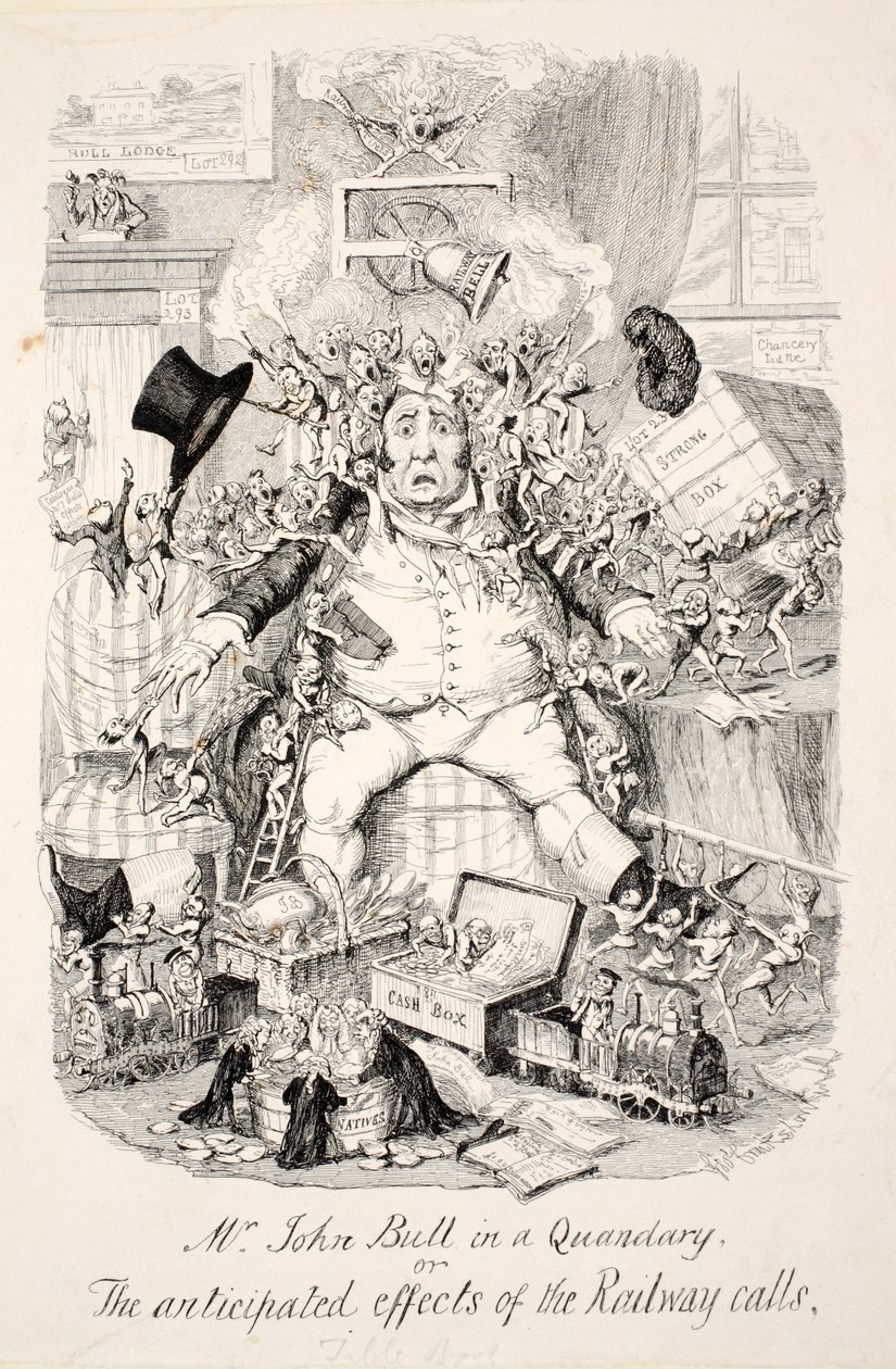 Mr John Bull a nehéz helyzetben vagy a vasúti hívások várható hatásai, pub. 1845 alkotó: George Cruikshank