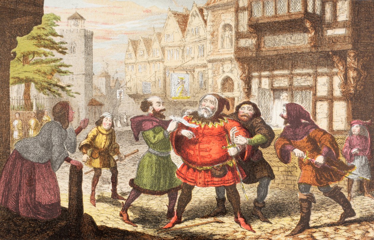 Mrs. Quickly letartóztatja Sir John Falstaffot a „The Illustrated Library Shakespeare” című könyv 2. részében, amely 1890-ben jelent meg Londonban. alkotó: George Cruikshank