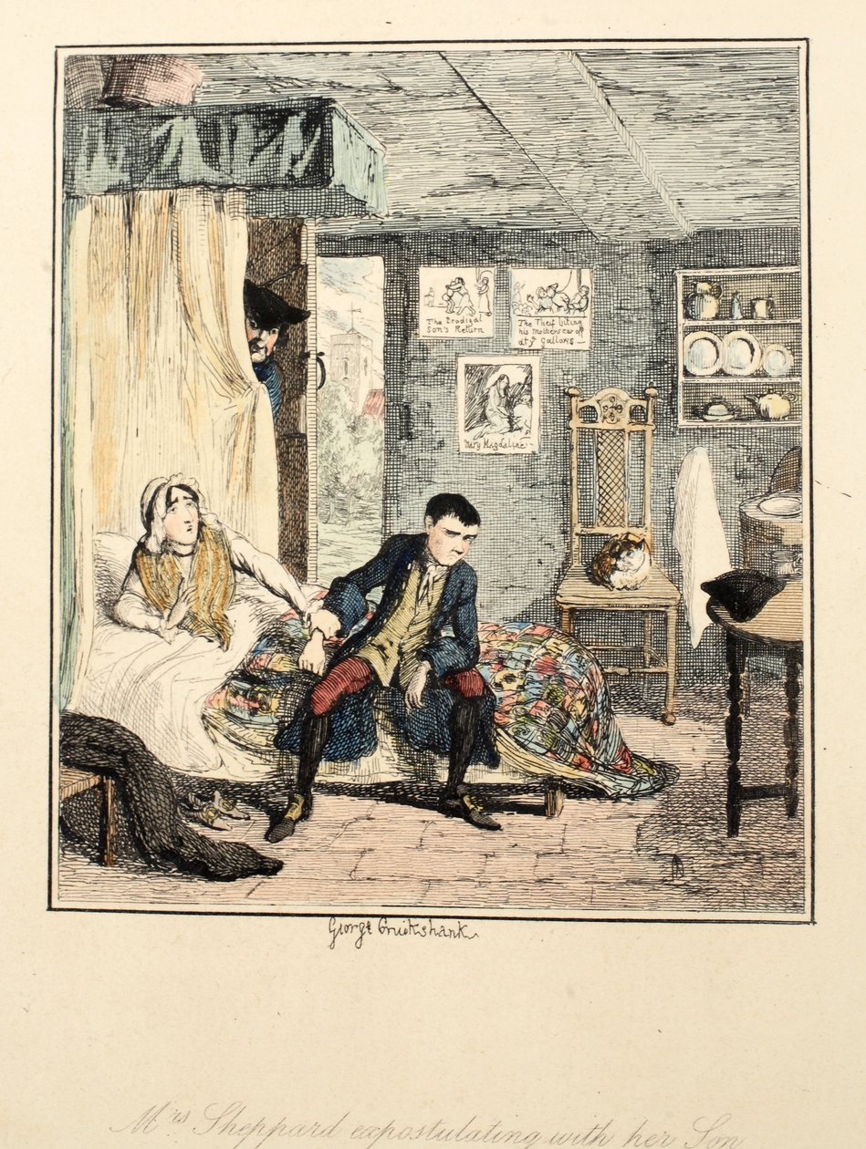 Mrs. Sheppard kiabál a fiával, illusztráció: Jack Sheppard: A romantika, William Harrison Ainsworth, megjelent 1839-ben (kézzel színes rézkarc) alkotó: George Cruikshank