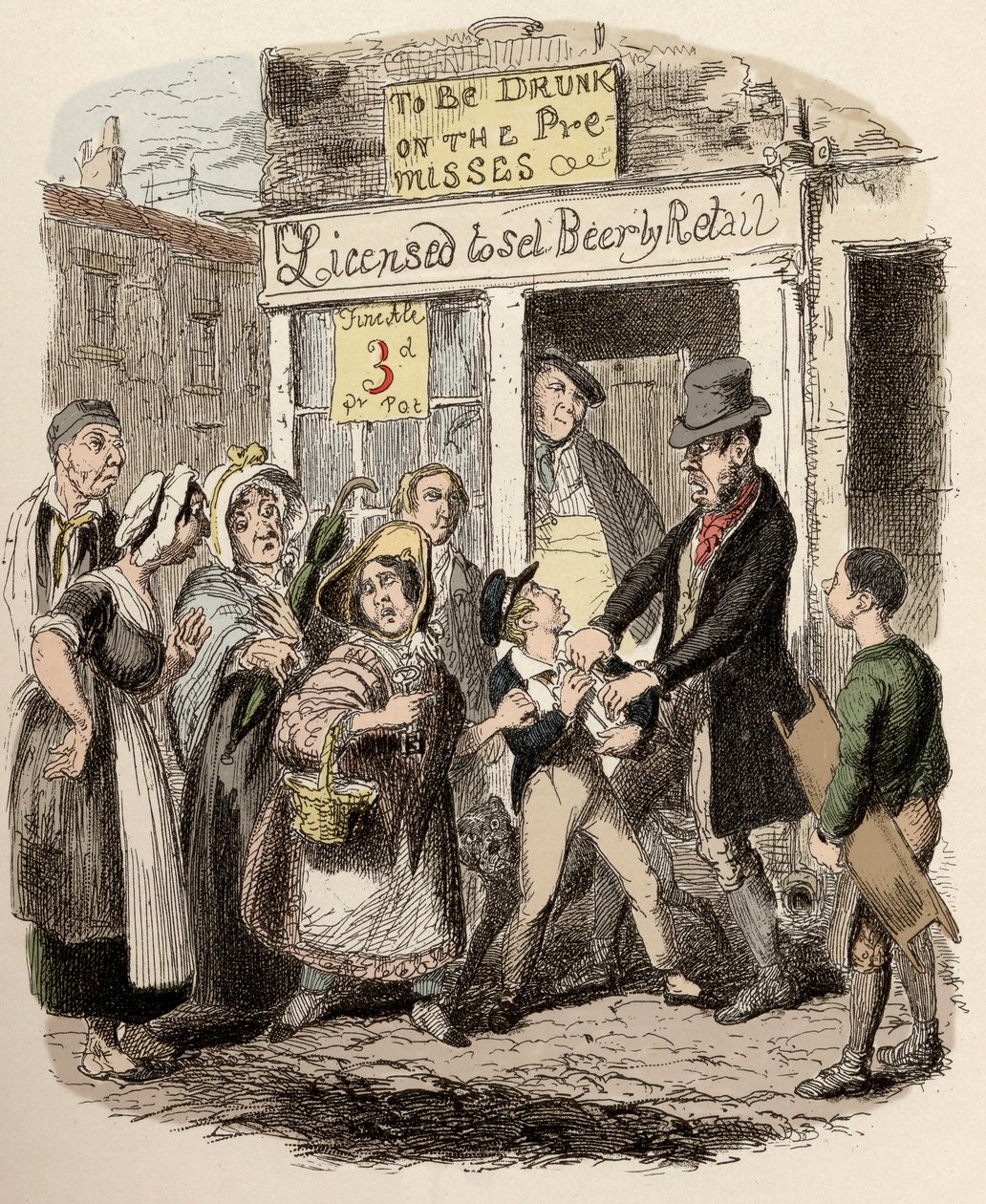 Nancy és Sikes elrabolják Olivért az utcán - Olivért szerető barátai követelik - Illusztráció Charles Dickens (1812-1870) "Twist Olivér" (Olivier) (Twist Olivér kalandjai) című művéhez, George Cruikshank (1792-1878) . alkotó: George Cruikshank