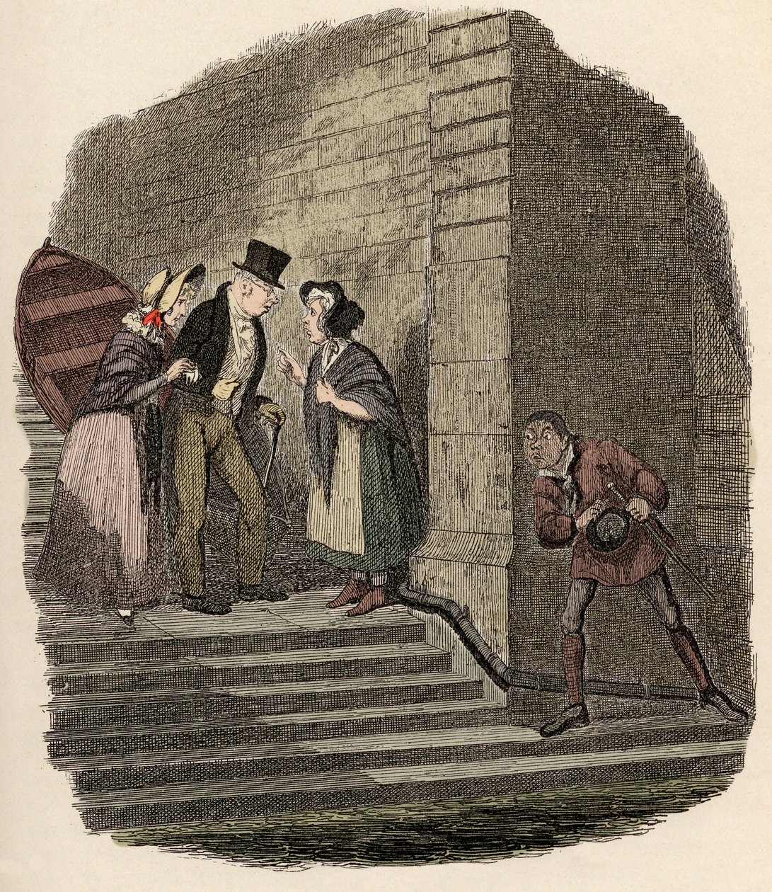 Noe Claypole kémkedik Mr. Brownlow, Rose Maylie és Nancy titkos találkozója után – A találkozó – Illusztráció a „” Oliver Twisthez”” (Olivier) (Twist Oliver kalandjai), Charles Dickens (1812-1870), George Cruikshank (1792-1878) . alkotó: George Cruikshank