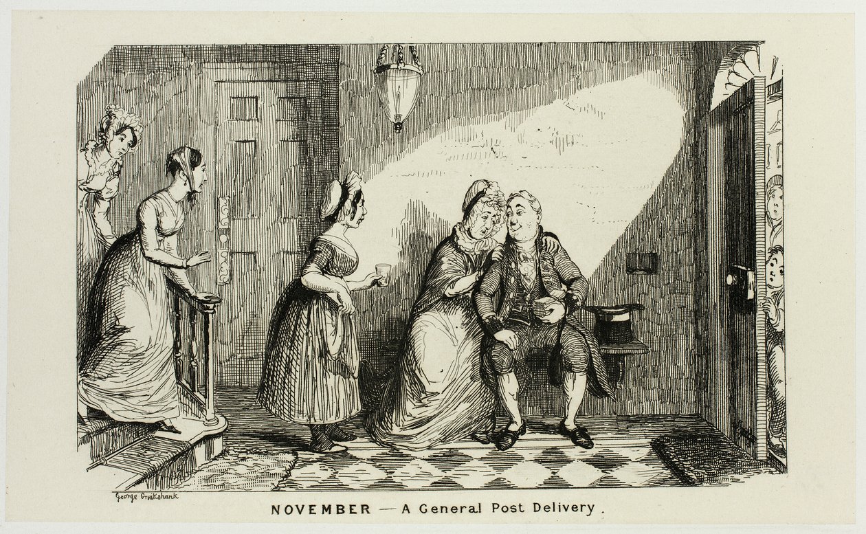 November - Egy általános postai kézbesítés ellenében George Cruikshank acélmetszeteiből a The Comic Almanacks című képregényhez: 1835-1853 alkotó: George Cruikshank