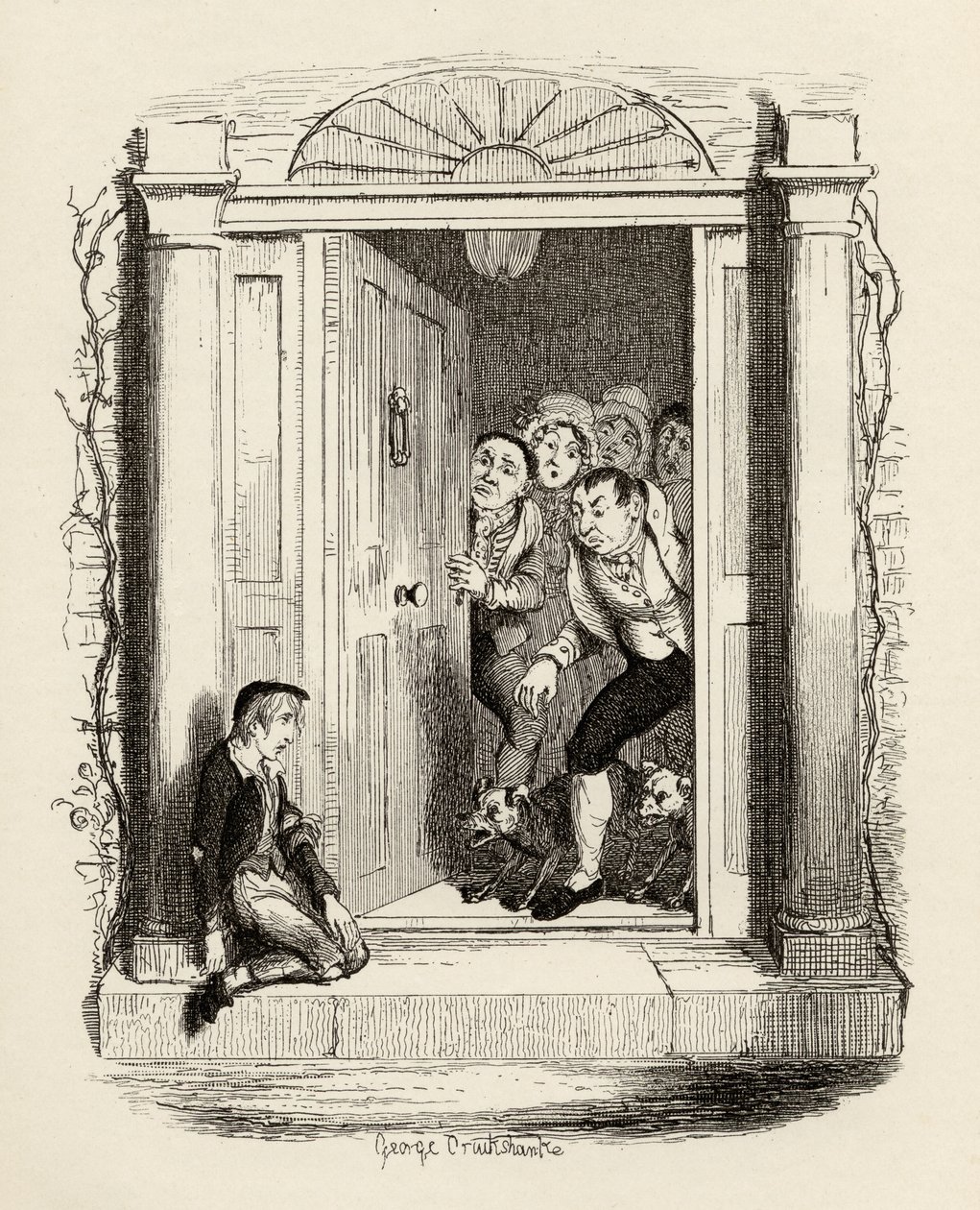 Oliver Twist Mrs Maylie ajtajában, Charles Dickens (1812-70) „Twist Oliver kalandjai” című művéből, 1838, Chapman und Hall, 1901 alkotó: George Cruikshank