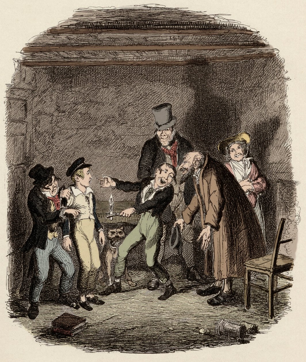 Twist Olivért fogadja az öreg Fagin és csapata - Twist Olivér fogadtatása Fagin és a fiúk által - Illusztráció Charles Dickens (1812-1870) "Twist Olivér" (Olivier) (Twist Olivér kalandjai) című művéhez, George Cruikshank (1792-1878) . alkotó: George Cruikshank