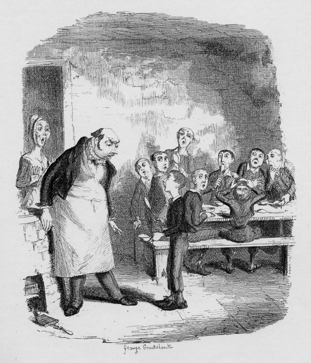 Oliver többet kér, Charles Dickens (1812-70) Twist Olivér kalandjai című művéből (The Adventures of Oliver Twist), 1838, kiadta: Chapman und Hall, 1901. alkotó: George Cruikshank