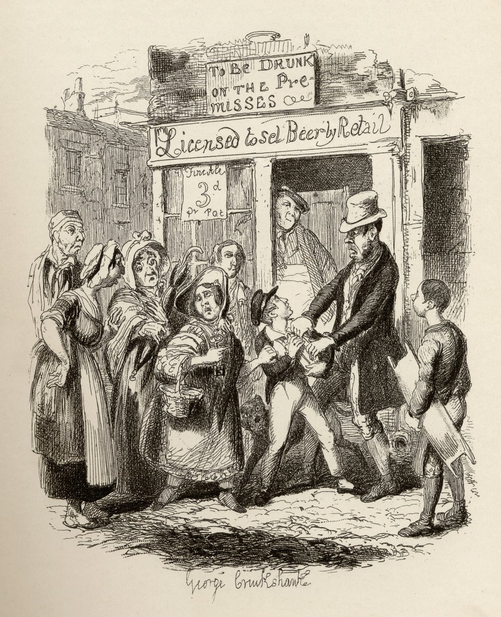 Oliver, akit szerető barátai állítanak, Charles Dickens (1812-70) „The Adventures of Twist” című könyvéből, 1838, Chapman und Hall, 1901 alkotó: George Cruikshank