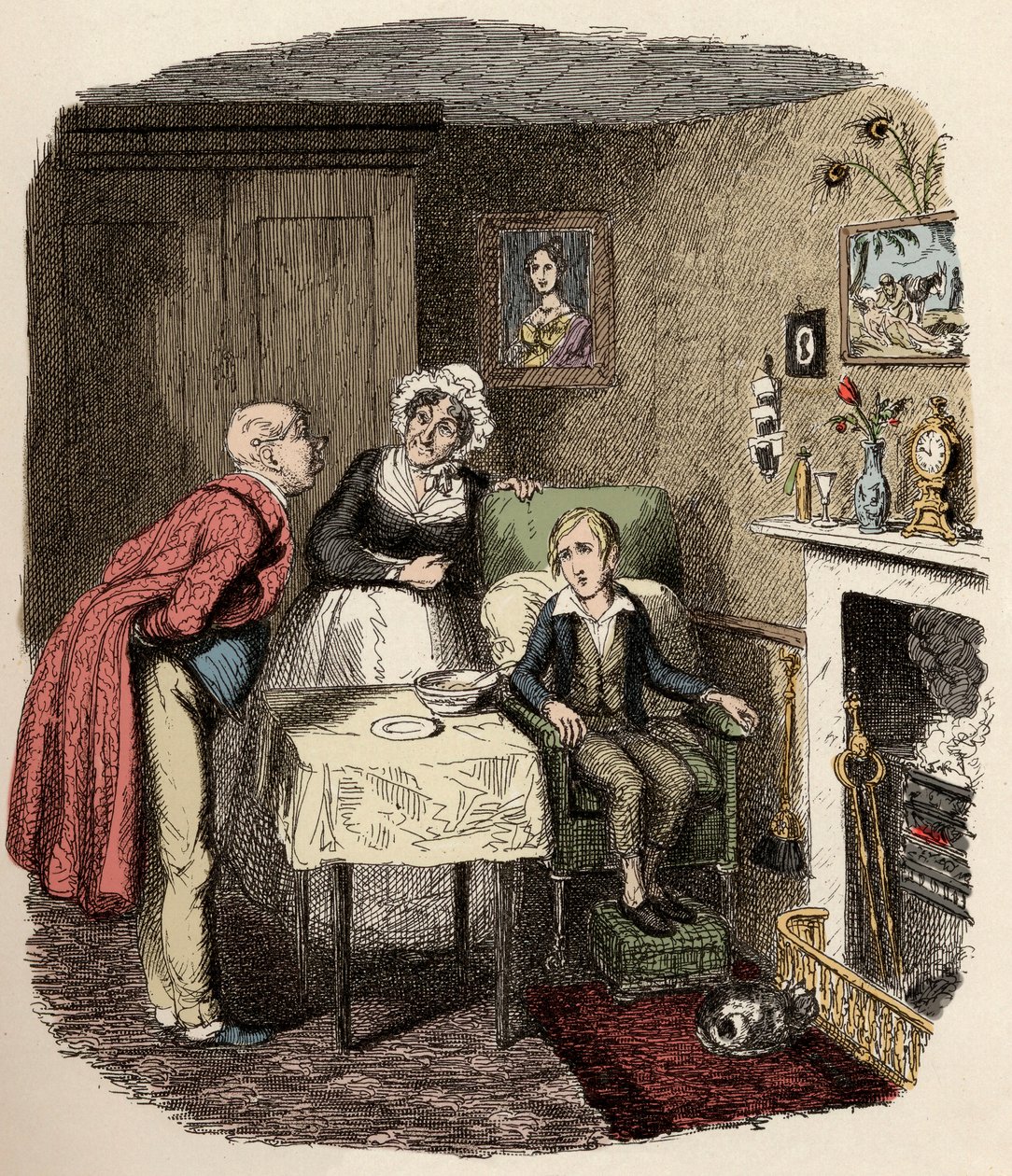 Olivert Mr. Brownlow és házvezetőnője, Mrs. Bedwin gyűjti össze és gondoskodik róla – Oliver lábadozik a lázból – Illusztráció a „” Oliver Twisthez”” (Oliver) (Twist Oliver kalandjai), Charles Dickens (1812-1870), írta George Cruikshank (1792-1 alkotó: George Cruikshank