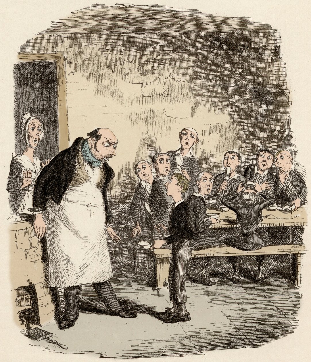 Olivert úgy tervezték, hogy extra élelmet kérjen a kisgyermekek hospice felügyelőjétől – Oliver többet kér – Illusztráció a „” Oliver Twisthez”” (Olivier) (Twist Oliver kalandjai), Charles Dickens (1812-1870), George Cruikshank (1792 alkotó: George Cruikshank