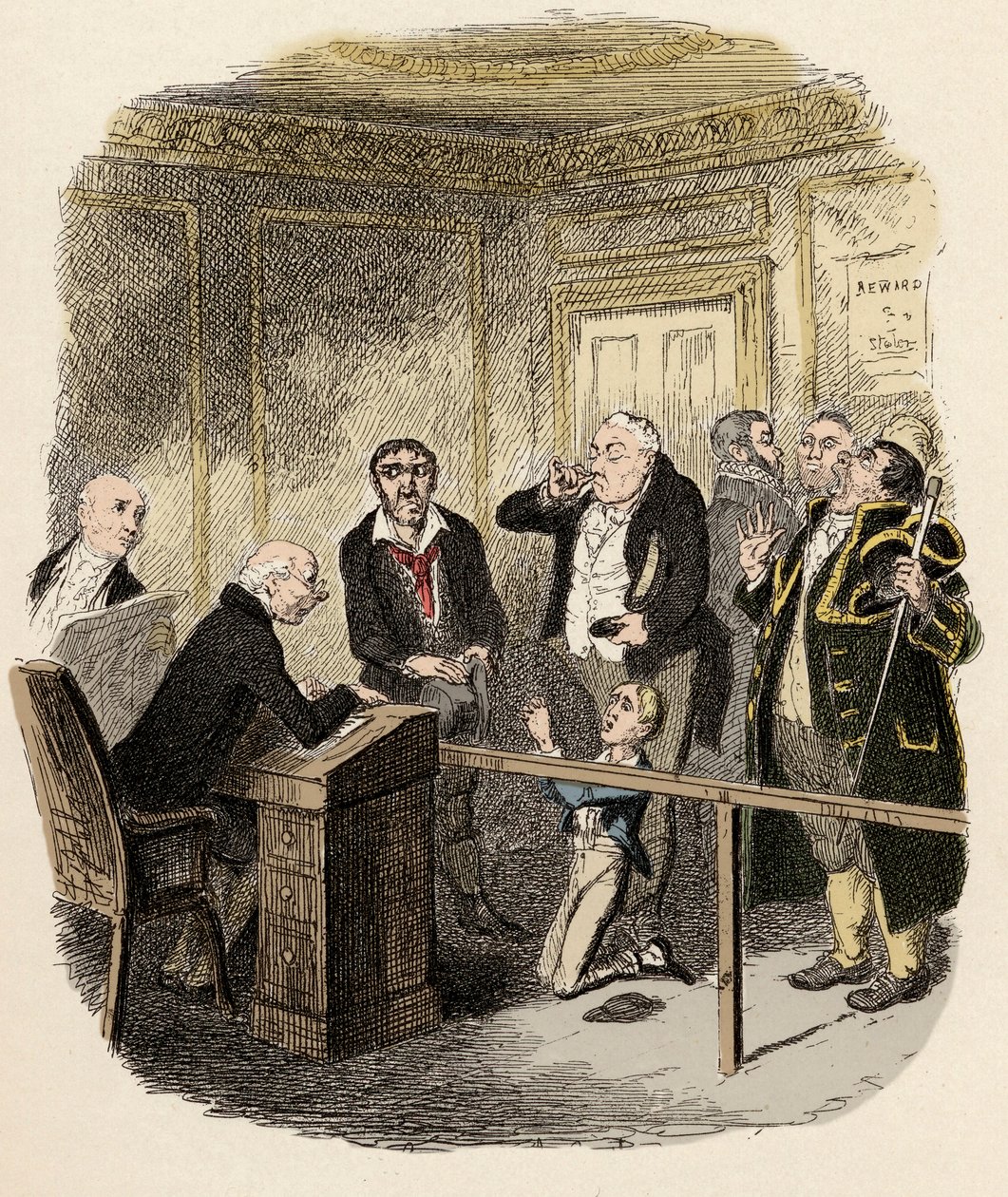 Oliver könyörgött a gyermekbírónak, hogy ne engedje, hogy tanuljon Gamfieldben, a kéményben – Oliver megszökik, hogy a seprő tanonca legyen – Illusztráció Charles Dickens számára „Oliver Twist” (Oliver) (Twist Oliver kalandjai) (1812-1870), által alkotó: George Cruikshank
