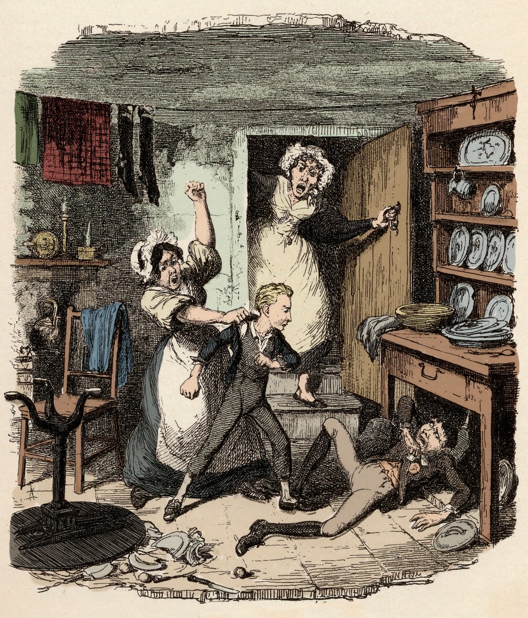 Oliver felkap egy lelket – Illusztráció: "Oliver Twist"" (Olivier) (Twist Oliver kalandjai), Charles Dickens (1812-1870), George Cruikshank (1792-1878) alkotó: George Cruikshank