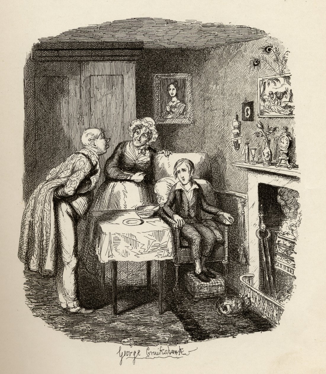 Oliver lábadozik a lázból, Charles Dickens (1812-70) „The Adventures of Twist” című könyvéből, Chapman und Hall, 1901. alkotó: George Cruikshank