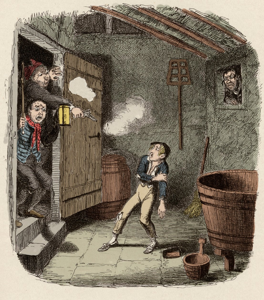 Olivert meglepte és megsebesítette a betörési kísérlet során – A betörés – Illusztráció a Charles Dickens (1812-1870), George Cruikshank (1792-1878) „” Oliver Twist”” (Olivier) (Twist Oliver kalandjai) számára. alkotó: George Cruikshank