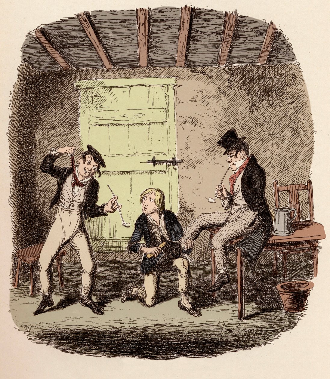 Oliver gyantázza a Róka cipőjét, míg Charley Bates az akasztás veszélyeit magyarázza - Bates mester elmagyarázza a professzionális technikai részleteket - Illusztráció az „Oliver Twist” (Olivier) (Twist Oliver kalandjai), Charles Dickens (1812-1870), Georg alkotó: George Cruikshank