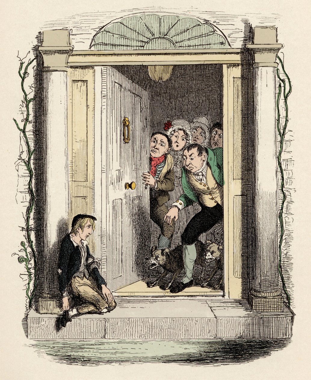 Oliver sebesülten és kimerülten kér segítséget – Oliver Twist Mrs. Maylies ajtajában – Illusztráció a „” Oliver Twist”” (Olivier) (Twist Oliver kalandjai) című művéhez Charles Dickens (1812-1870), George Cruikshank (1792-1878) . alkotó: George Cruikshank