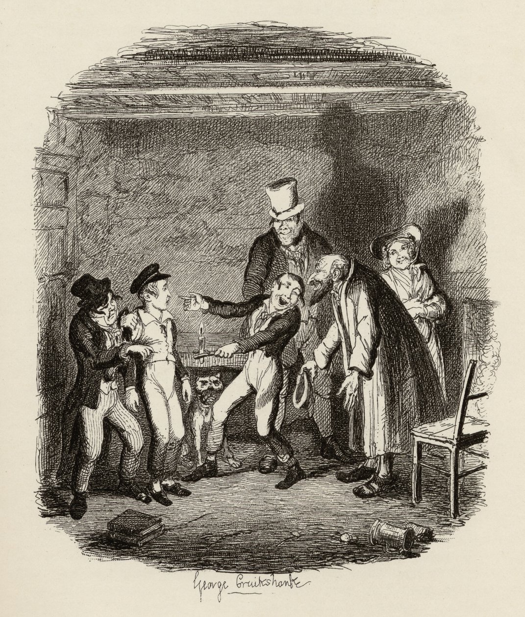 Oliver fogadása Fagin és a fiúktól, Charles Dickens (1812-70) „The Adventures of Twist” című művéből, 1838, Chapman und Hall, 1901 alkotó: George Cruikshank